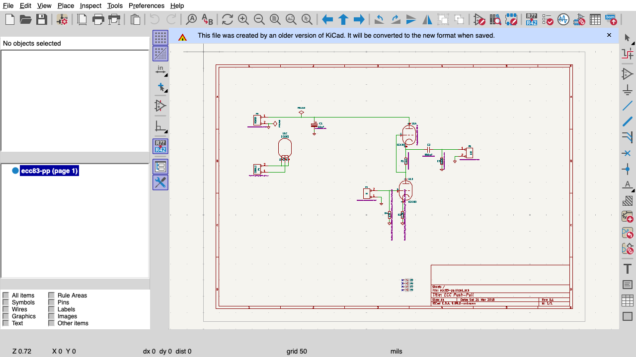 KiCad Eeschema editing the ECC83 push-pull amplifier schematic in a browser tab