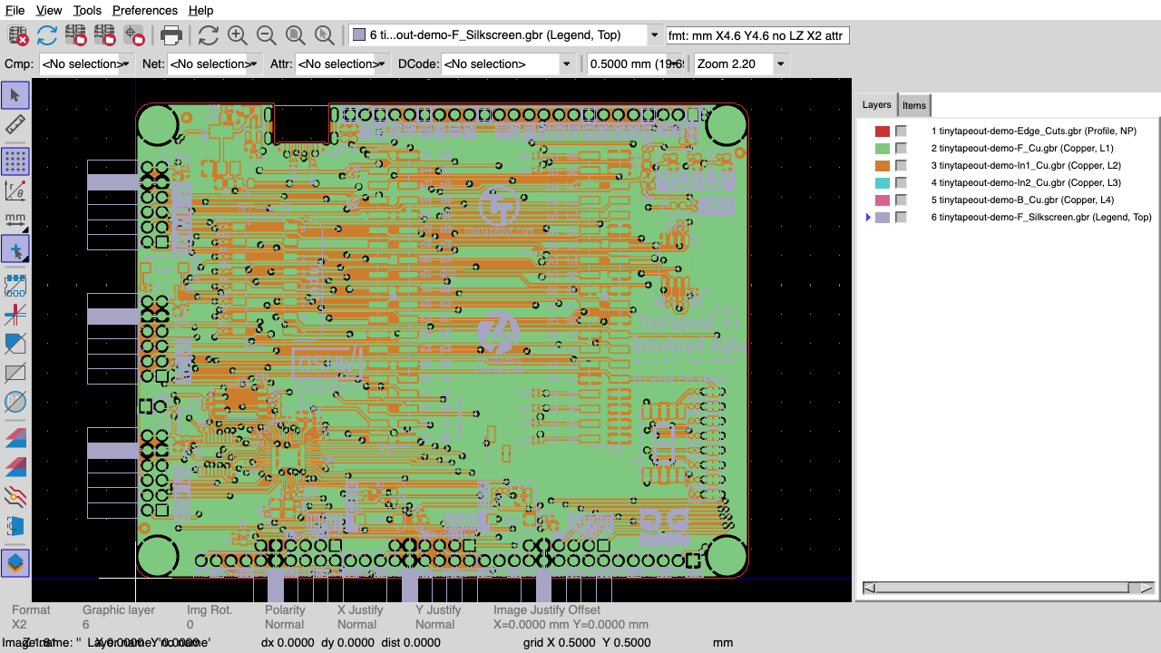 KiCad GerbView displaying the tiny_tapeout demo board Gerber layers in a browser tab
