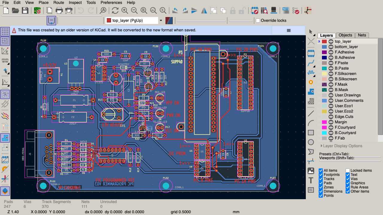 KiCad Pcbnew editing the pic_programmer demo board in a browser tab — open the live demo